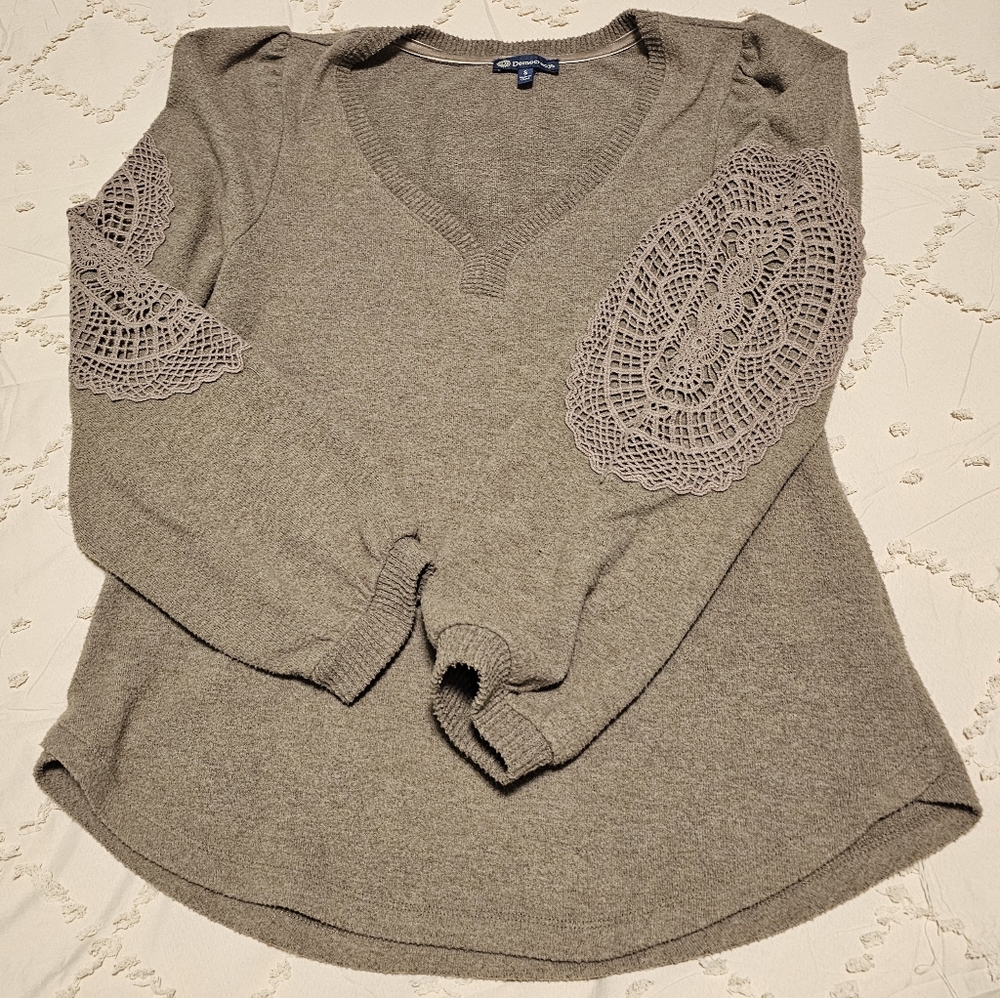 Democracy Long Blouson Sleeve Crochet Applique Sweetheart Neck Tan Knit Sz S